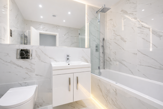 Modern marble bathroom with chrome fixtures