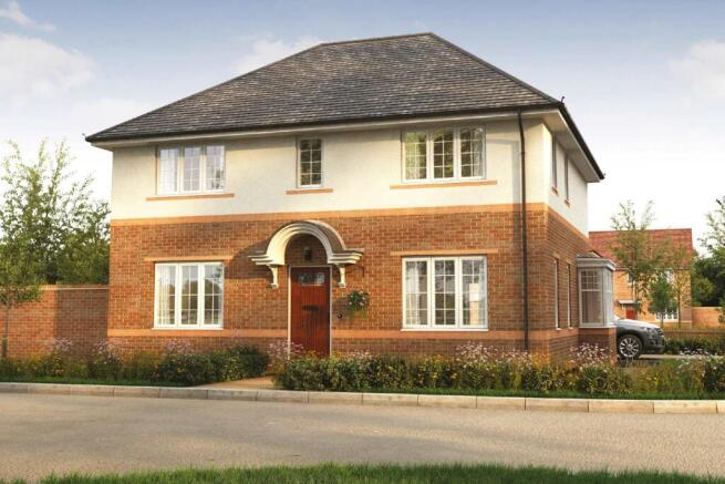 A modern brick and stucco house with a manicured lawn in the foreground sits against a backdrop of t