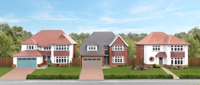 Three modern detached houses with front gardens and driveways, set against a green wooded background