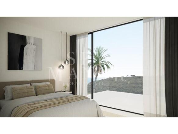 Modern luxury master bedroom interior rendering with floor-to-ceiling windows, private terrace access, and coastal views in a Vale de Lapa villa, Carvoeiro.