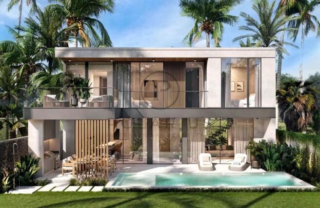 Modern two-story villa with large glass windows, s