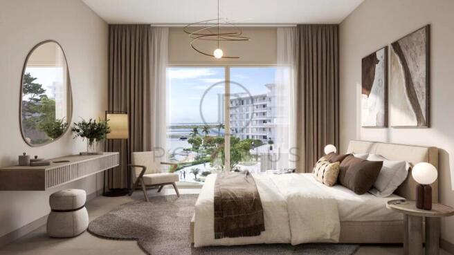 Modern bedroom with a large window view, featuring
