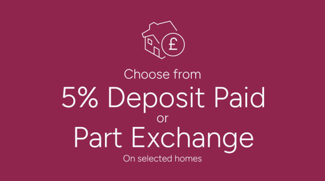 A house icon with a pound symbol is centered above text offering "5% Deposit Paid or Part Exchange"