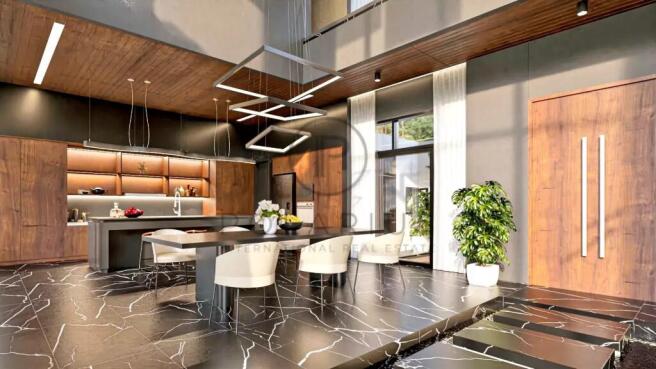 Modern kitchen and dining area with sleek wood cab