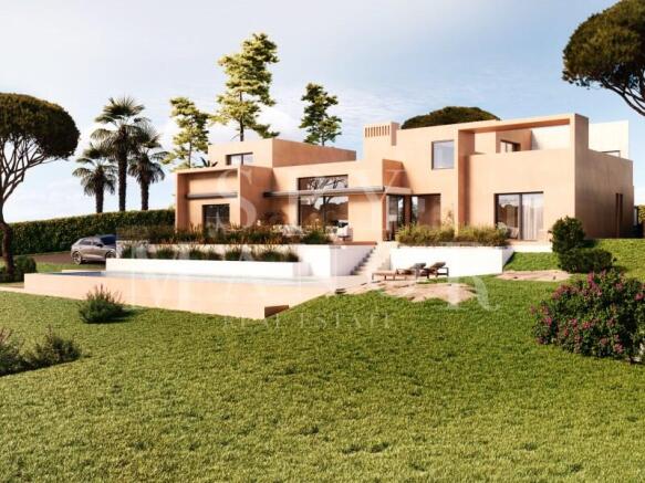 Side angle architectural rendering of a contemporary luxury villa with a private pool and green gardens in Salicos Carvoeiro.