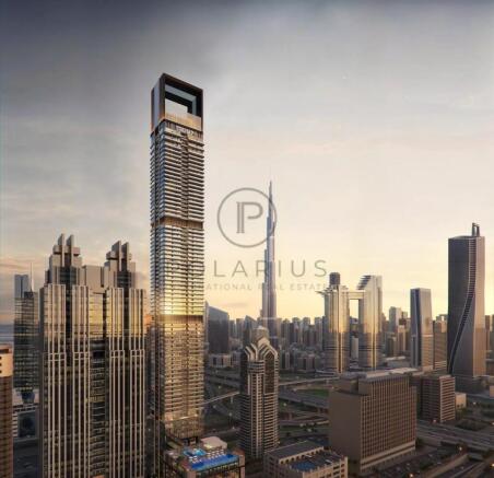 A modern city skyline featuring tall skyscrapers, 