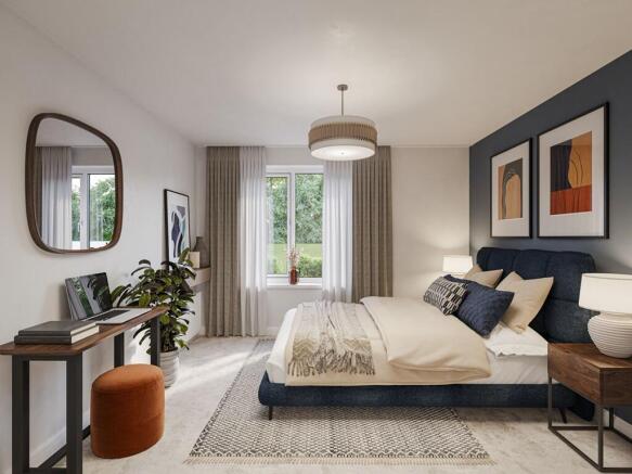 A generous bedroom has space for a double bed and optional storage