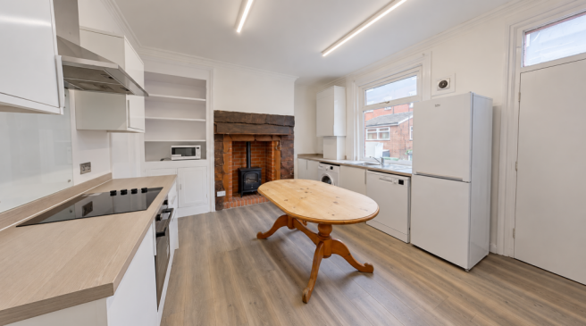 Bright Modern Kitchen with Rustic Fireplace