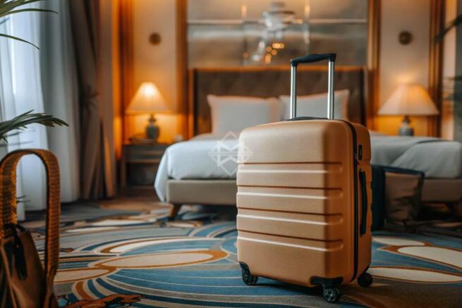 A suitcase stands in a stylish hotel room with war