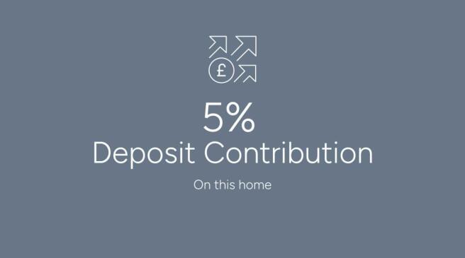 The image displays a 5% Deposit Contribution text overlay on a plain gray background