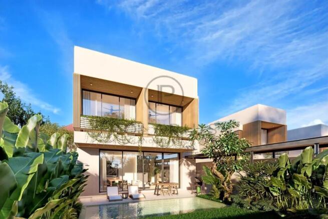 Modern two-story house with large windows, surroun