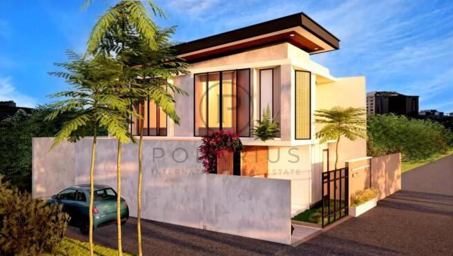 Modern two-story house with large windows, surroun