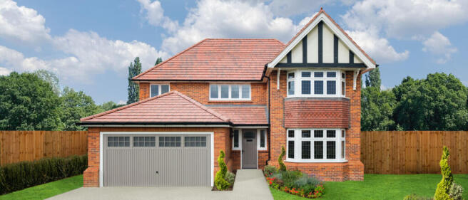 Modern detached house with a red-tiled roof, bay window, and front garden set against a backdrop of