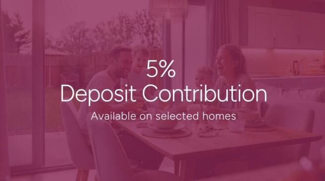 The image displays a 5% Deposit Contribution offer available on selected homes