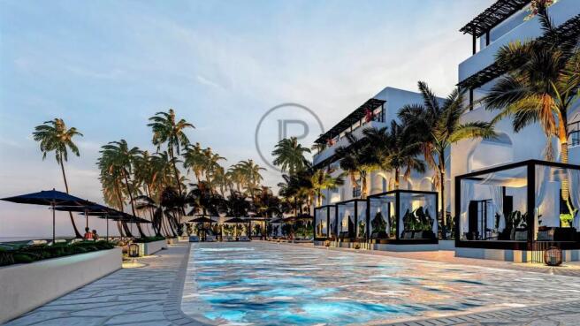 A luxury beachfront resort features an infinity po