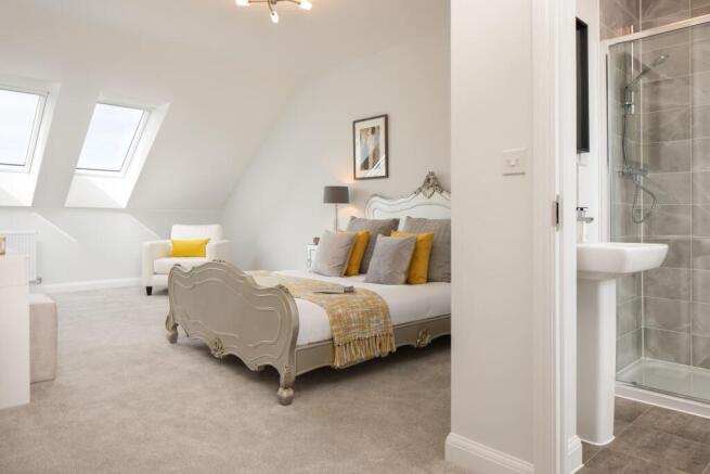 Image of the en suite master bedroom in the Woodcote Show Home at Park Farm, Thornbury