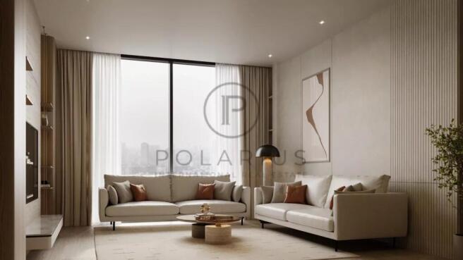 A modern living room with neutral tones features t