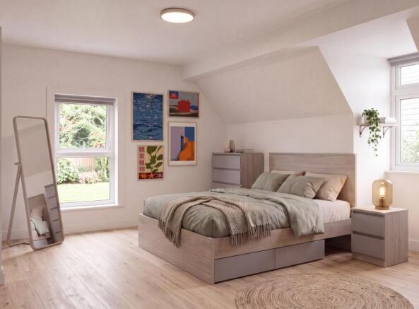 Bright, spacious bedroom with stylish decor...