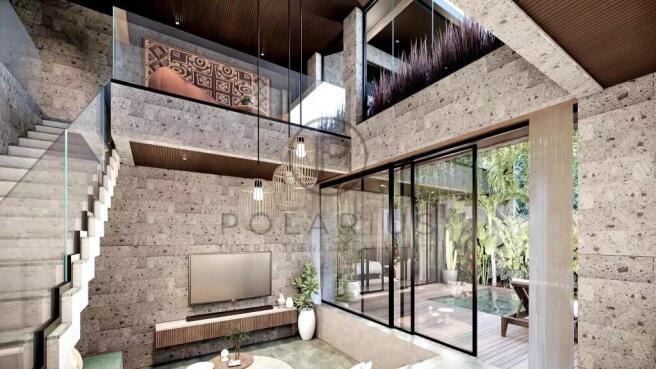 A modern, airy living room in Ubud, Bali, with hig