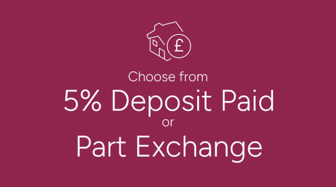 A house icon with a pound symbol is centered above text offering a choice between "5% Deposit Paid"
