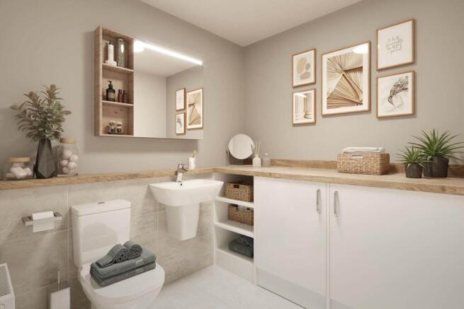 A guest cloakroom also hosts space for laundry appliances