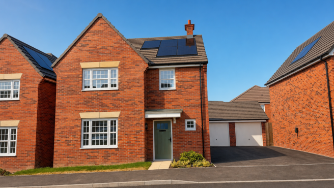 A row of modern brick houses with solar panels on their roofs are set against a clear blue sky.