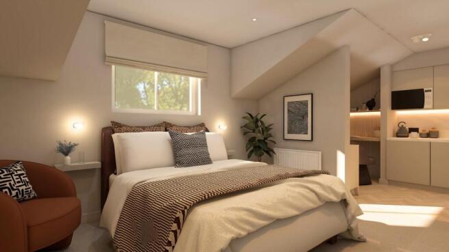 Stylish modern suite with a sleek kitchen area...