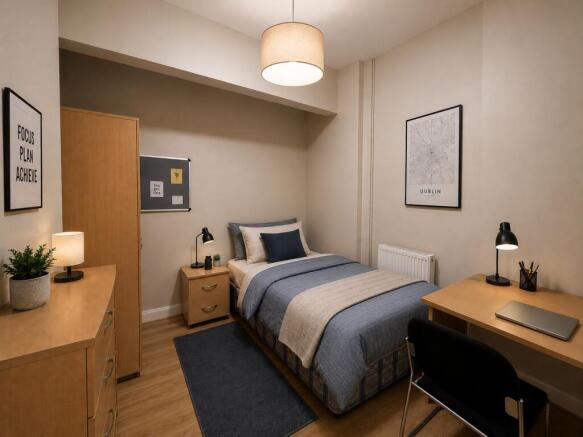 Sleek bedroom with desk and ample storage space...