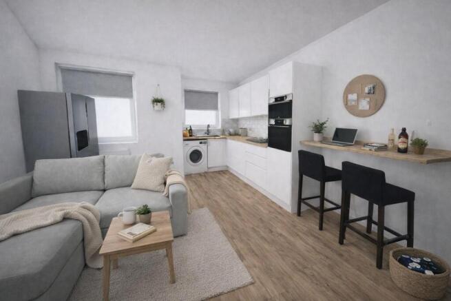 Bright open-plan living room with modern kitche...