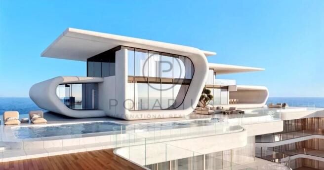 Futuristic beachfront house with sleek, modern arc