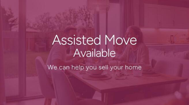 A white line drawing of a hand holding a house sits above the text "Assisted Move Available" and "We