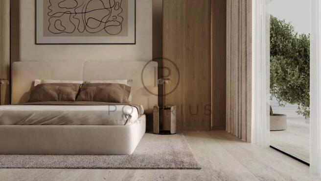 A minimalist bedroom with a cozy bed, abstract wal