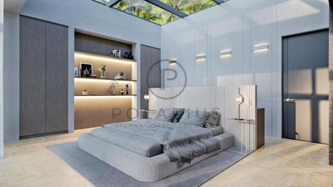 Modern bedroom with sleek, minimalist design and b