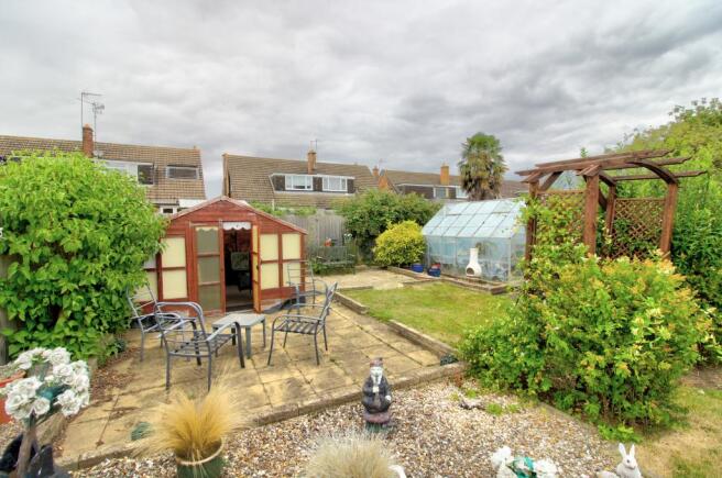Top of garden, patio, shed and greenhouse area