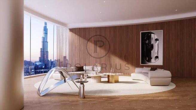 A modern, elegantly designed living room with curv
