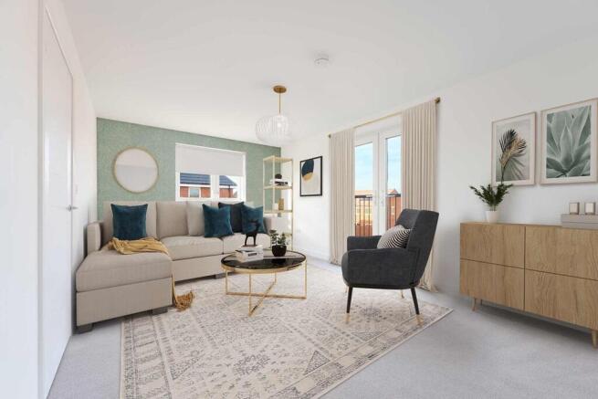 A light and airy living room featuring a Juliet balcony