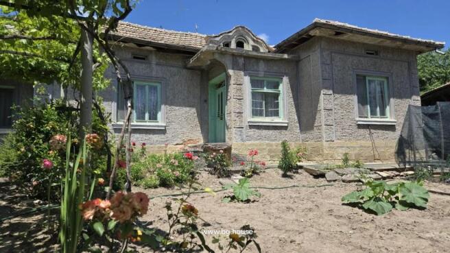 Close-up of the front entrance of a rural house featuring a green door and windows, with flowers and garden plants in the foreground.