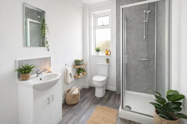 Bright, modern bathroom with a walk-in shower, ...