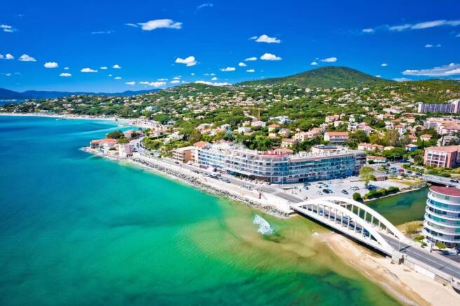 Sainte Maxime beach and coastline aerial view, Cot