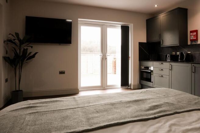 Bright bedroom with kitchenette and patio doors...