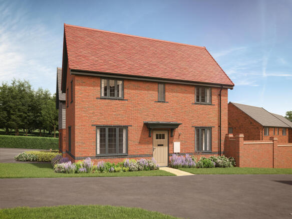 A modern brick house with a red tile roof sits in the foreground