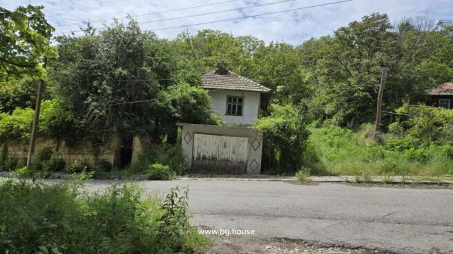 View of an old Bulgarian house with a tiled roof and a garage door, surrounded by thick green bushes and trees.