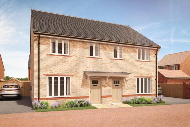 A pair of modern brick semi-detached houses with neat gardens and a car parked in the driveway are s