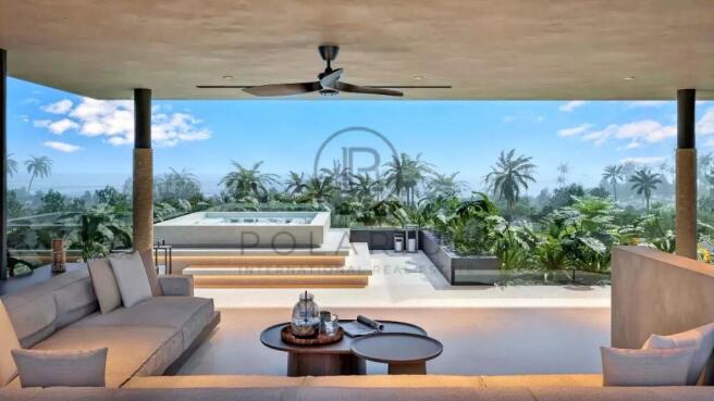 A luxurious open-air living space with a ceiling f