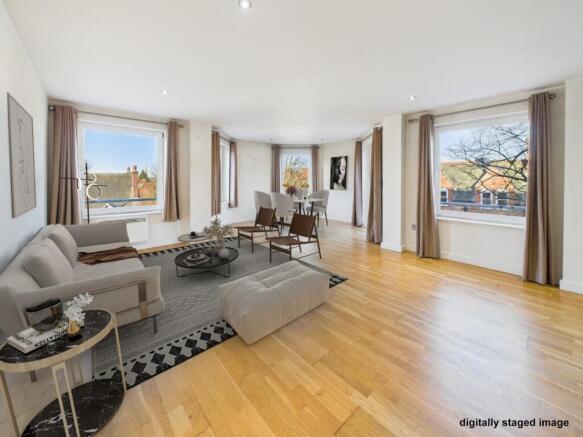 Open plan living area with balcony (digitally stag