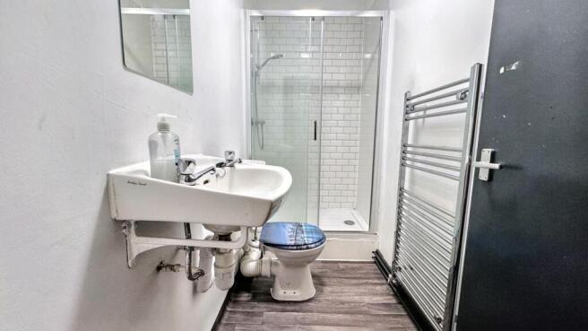 Modern bathroom with walk-in shower and radiato...