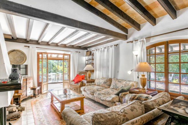 Light-flooded living area with fireplace