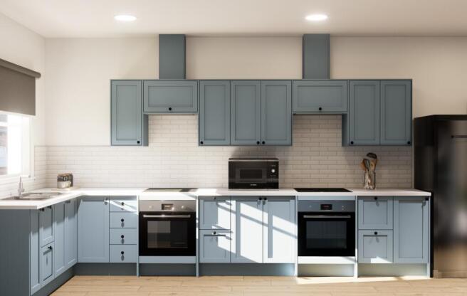 Modern kitchen with dual ovens and blue cabinet...