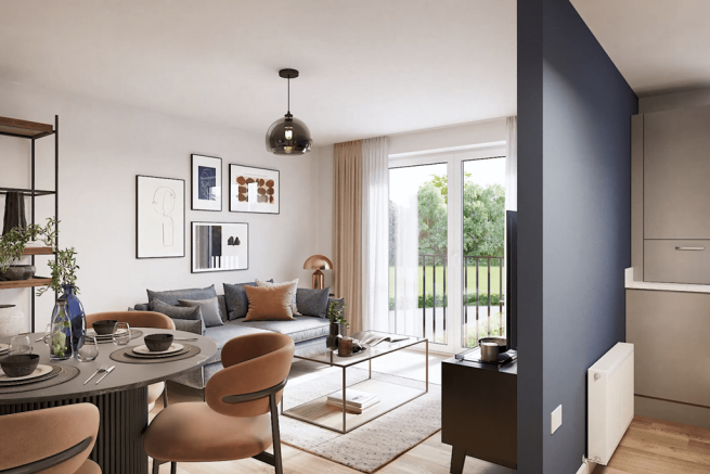 The lounge and dining area is bright with the light shining through from the windows