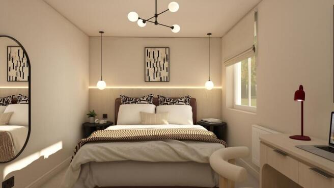 Stylish master bedroom with modern study area...